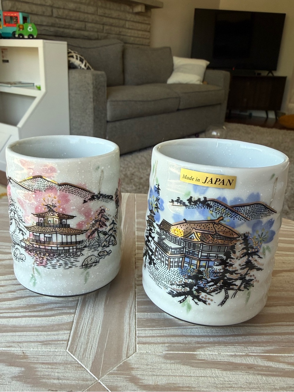 Kyoto Kiyomizu Kinkaku Ware Pair Of Tea Cups Japanese Hand painted Art Pottery